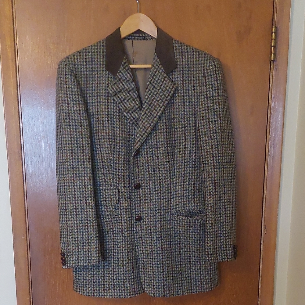 Tweed Houndstooth Blazer with Suede Collar Made In Ireland